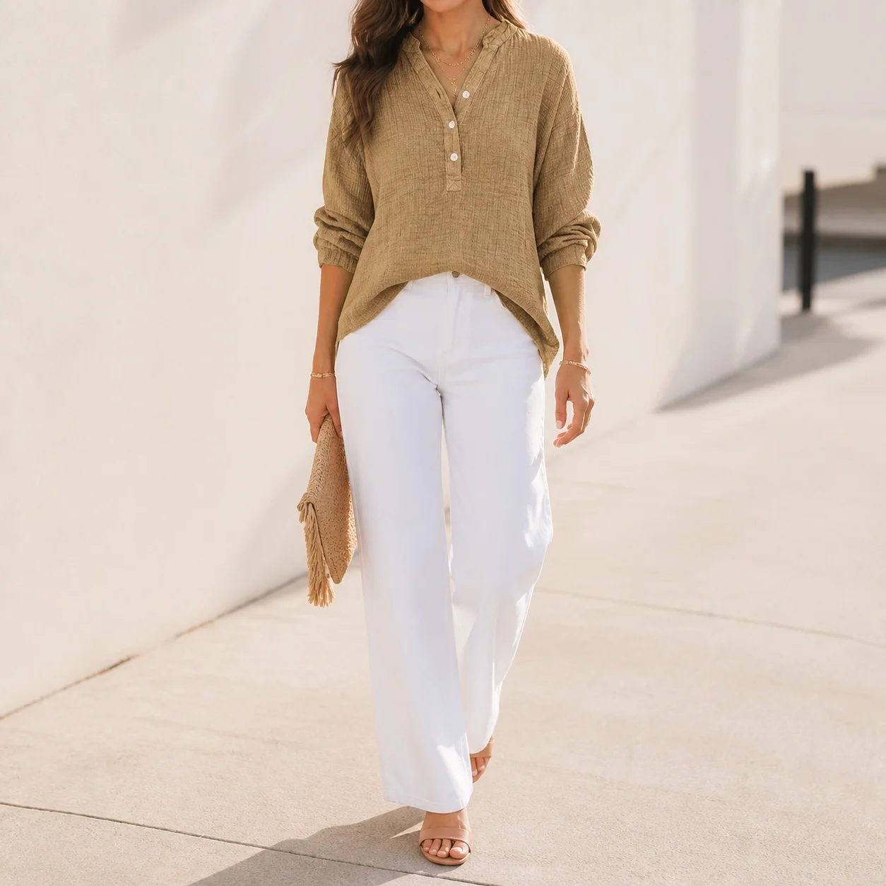 Women's And Women Loose Fit Long Sleeve Solid Color Cotton Ruffle Pullover Blouse For Women Casual Everyday Top Woman Front