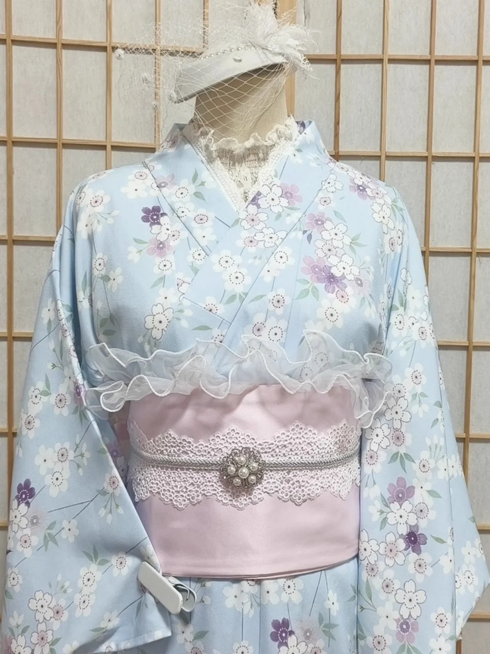 

Women Japan Style Yukata Blue Color Floral Prints Traditional Kimono Vintage Photography Dress Cosplay Costume