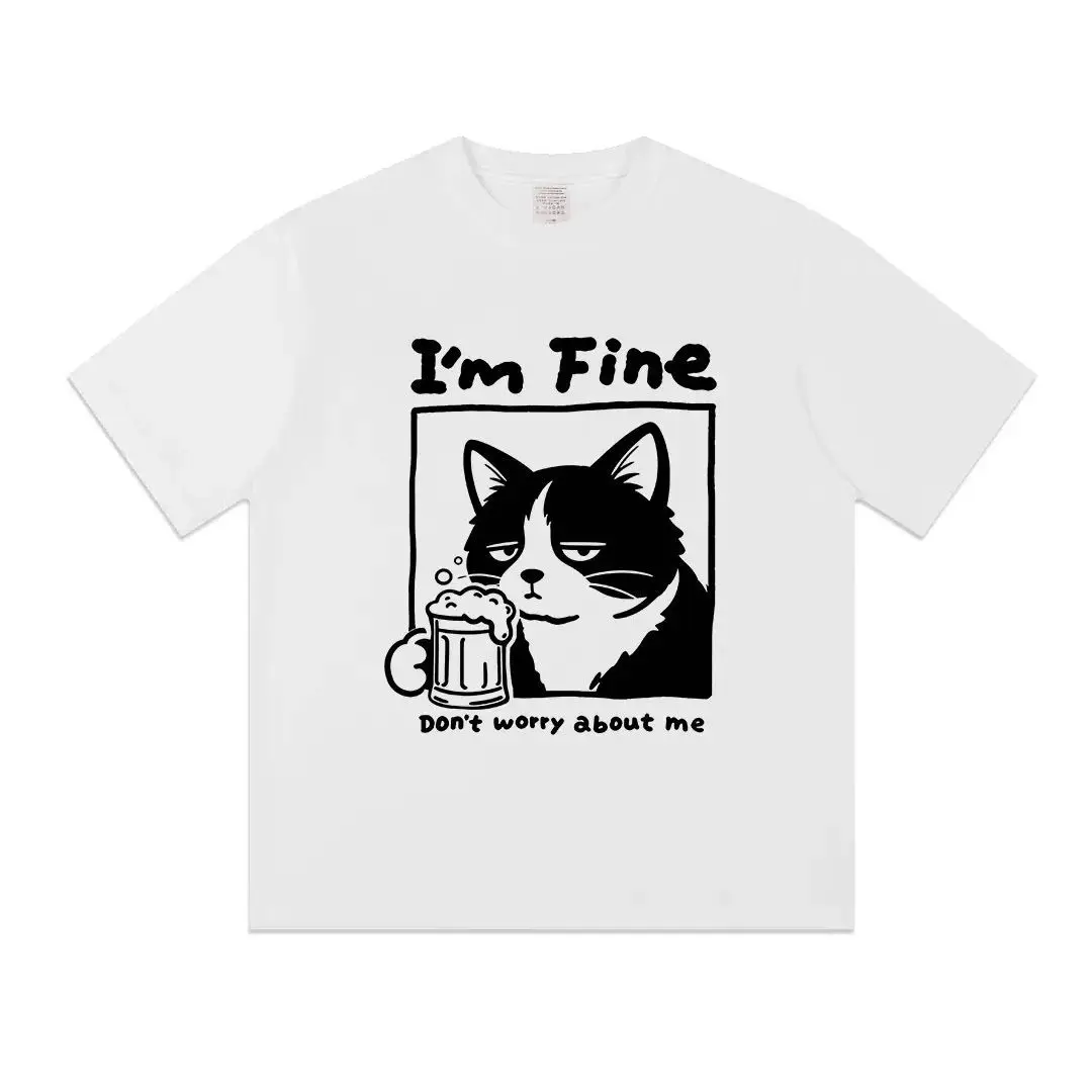 Cat Drinking Draft Beer. 2026 Summer Pure Cotton Cartoon Print Short-sleeved T-shirt for Both Men and Women. Breathable and Soft
