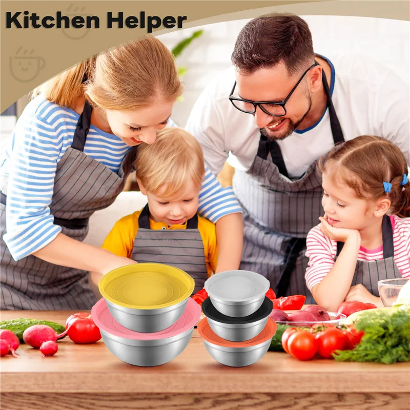 MAKE-ミキシングボウル 蓋付き 5個セット ステンレススチール ネストサラダボウルセット 調理、ミキシング、サービング用