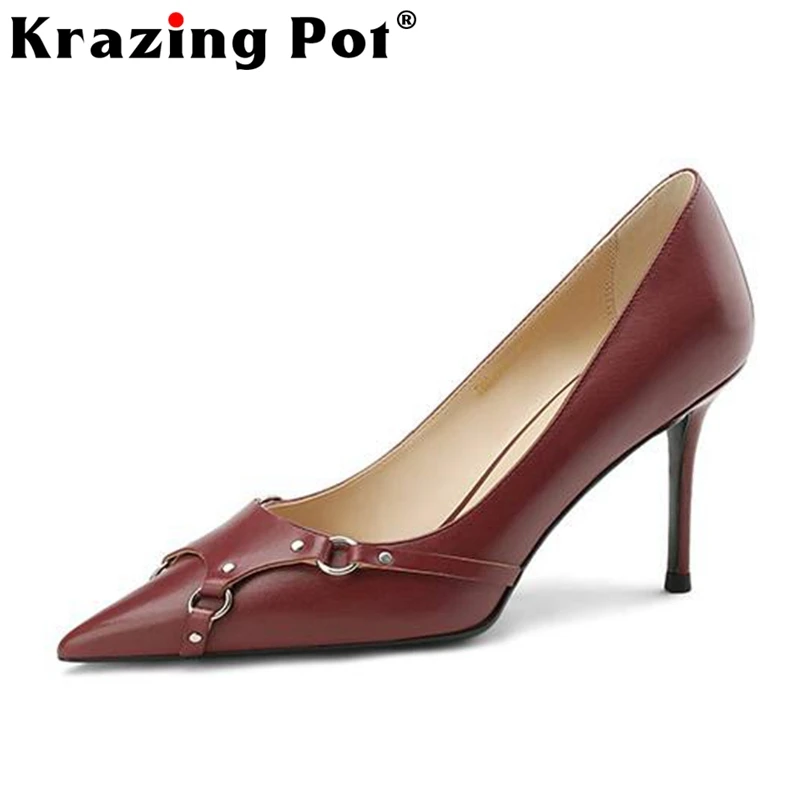 

Krazing Pot Genuine Leather Pointed Toe Thin High Heels Design Rivets Sexy Fashion Young Lady Mature Slip on Women Brand Pumps