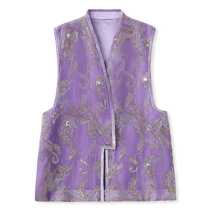 

Vests Coat New 100% Real Silk Spring 2025 Women's Luxury Chinese Style Embroidery Clothing Purple Vest with Matching Pants
