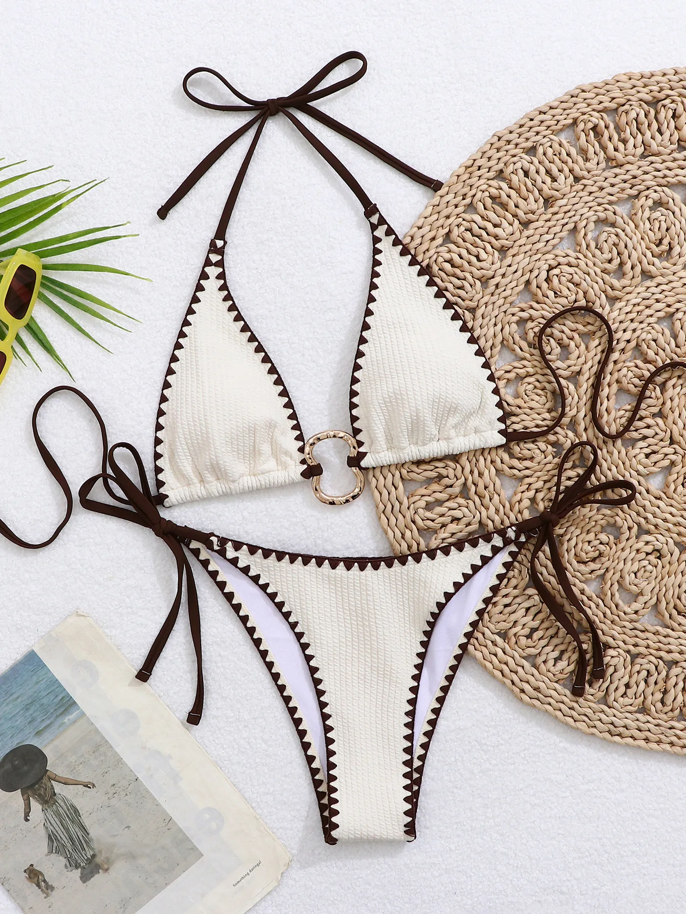 sexy ribbed patchwork metal ring bikinis sets two pieces halter tie thong swimsuits bathing suit swimwear biquini tankini