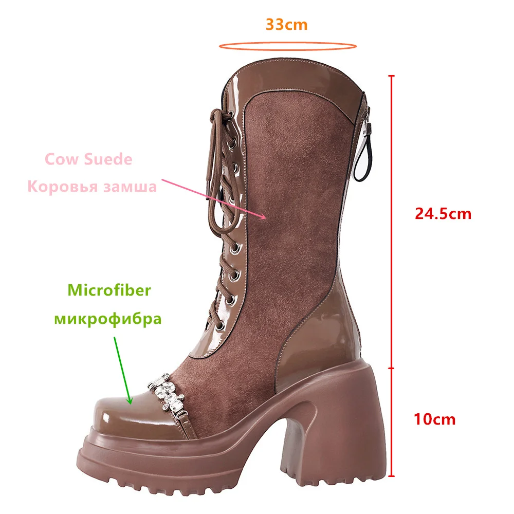 MILI-MIYA Fashion Crystal Decoration Women Cow Suede Mid Calf Round Toe Solid Color Thick Heels Middle Zippers Handmade For Lady