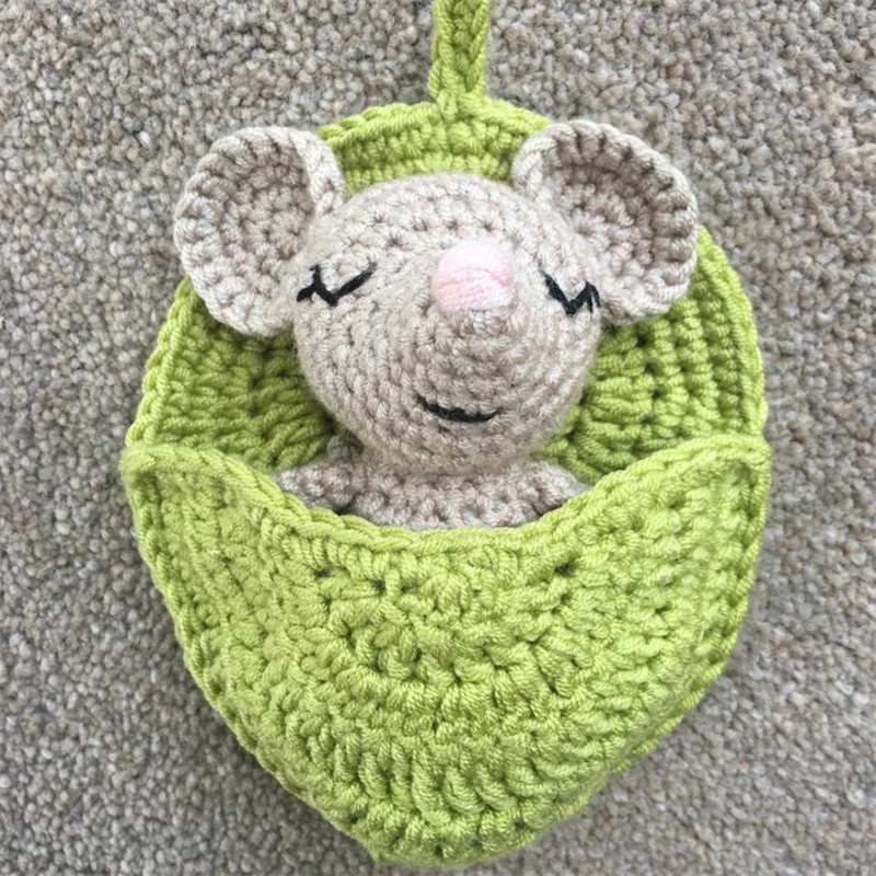 Cute carton mouse in a leaf sleeping bag crochet pattern pendant for girls gifts handmade knitting doll funny pendant