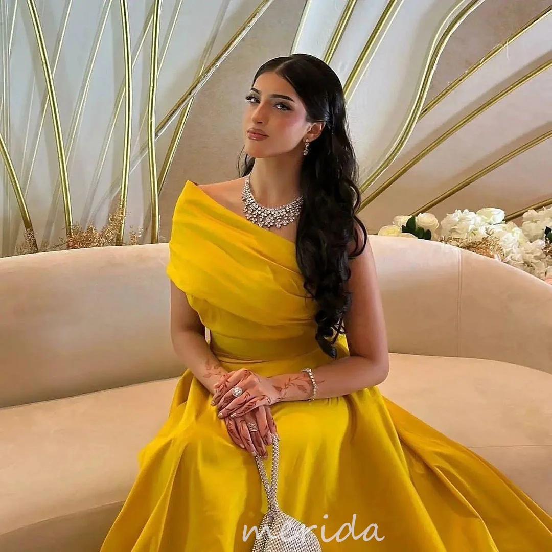 

Merida Yellow Saudi Arabic Satin Evening Dress One Shoulder A-Line Formal Women Prom Party Gowns Special Occasion Dress