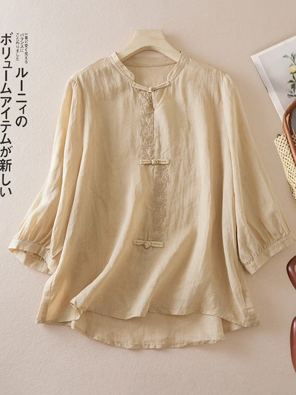 Retro Embroidered Cotton Linen Thin irt Large Size Women's Button Stand Collar Seven Sve Zen Tea Costume Top