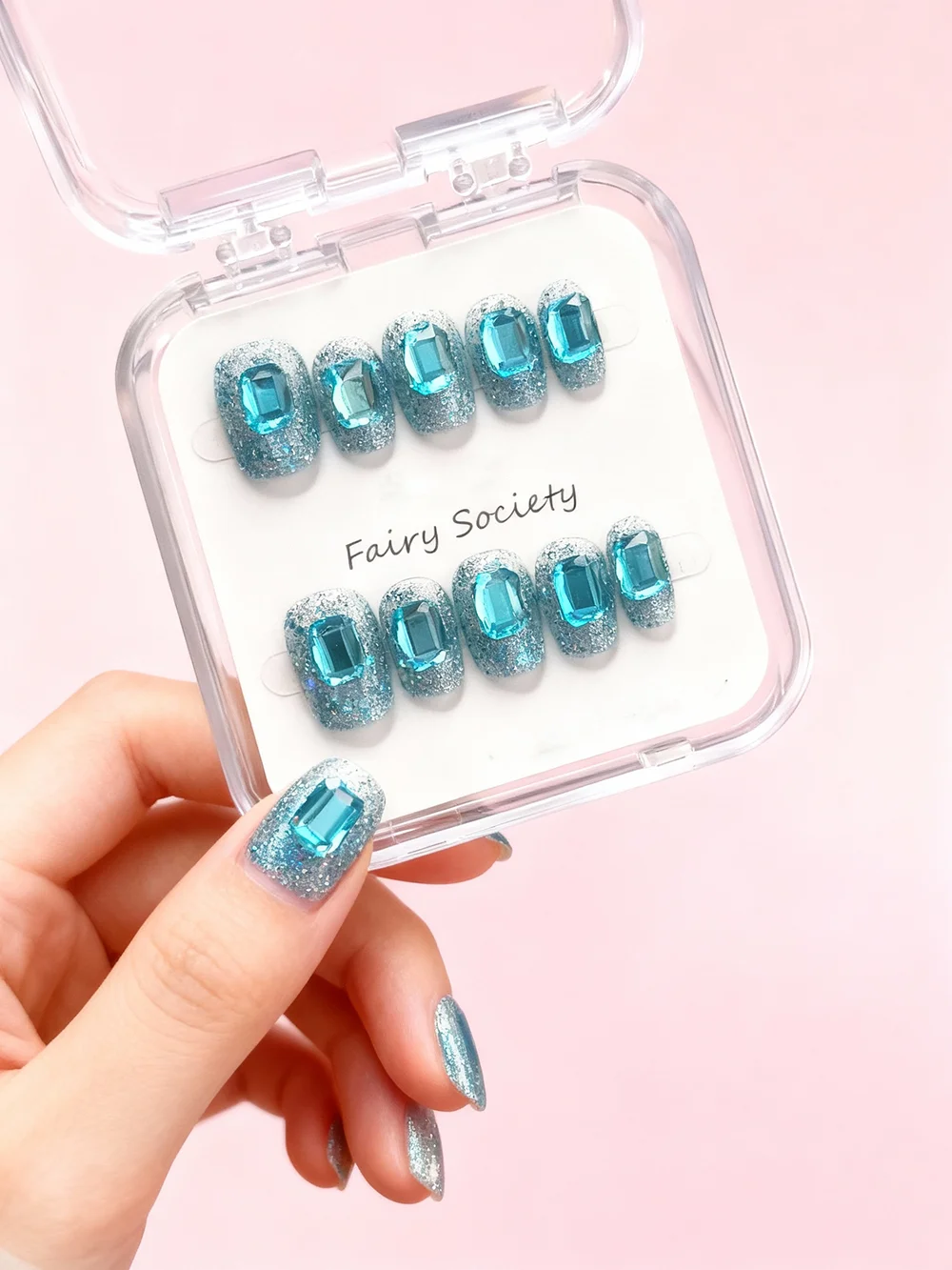 

10pcs Handmade Press On Nails Blue Gemstones & Rhinestones Glitter Sparkle Nail Tips Full Cover Glue on Fake Nails Reusable