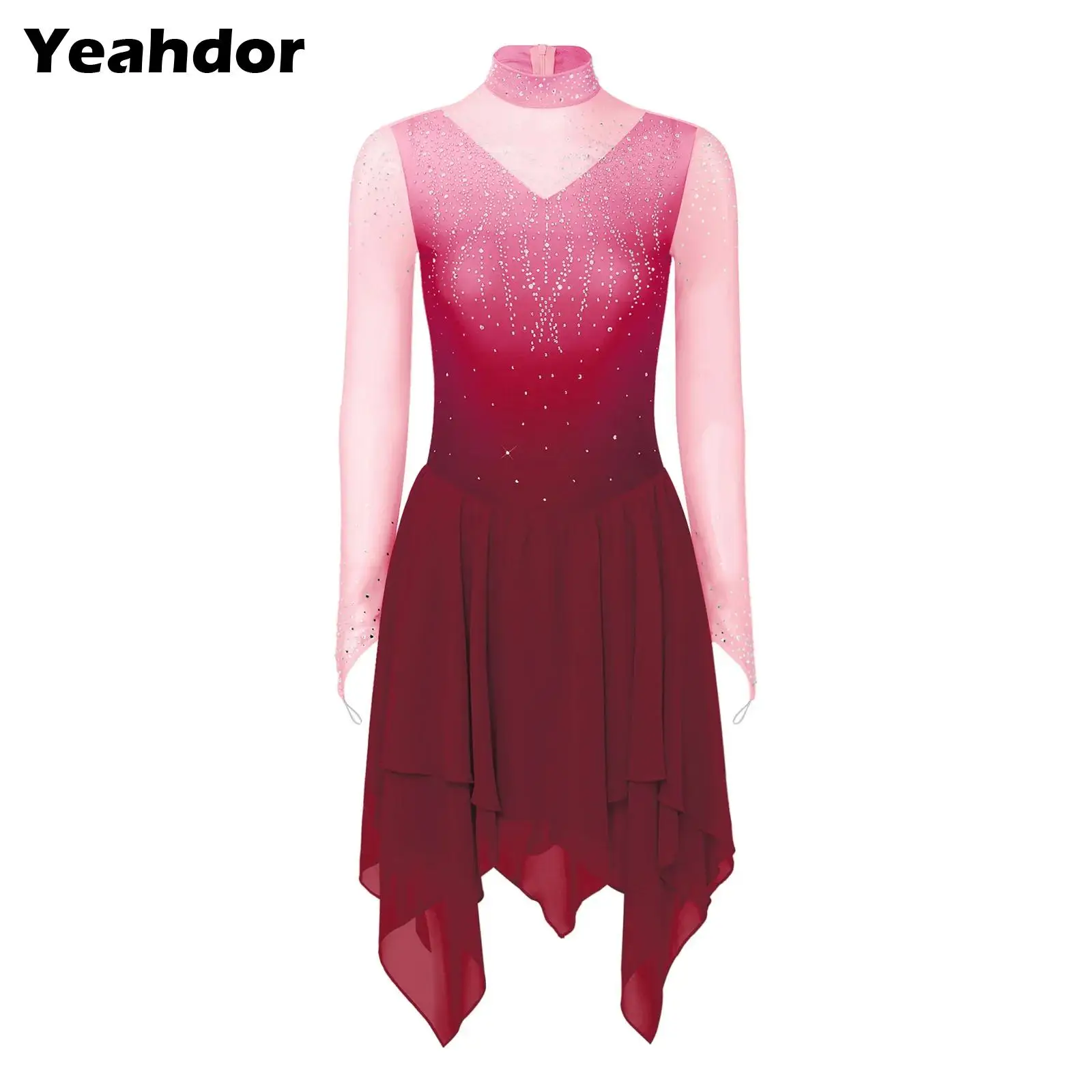 

Women Lyrical Dance Costumes Long Sleeve Figure Skating Dress Rhinestone Tiered Irregular Hem Dress Dancewear