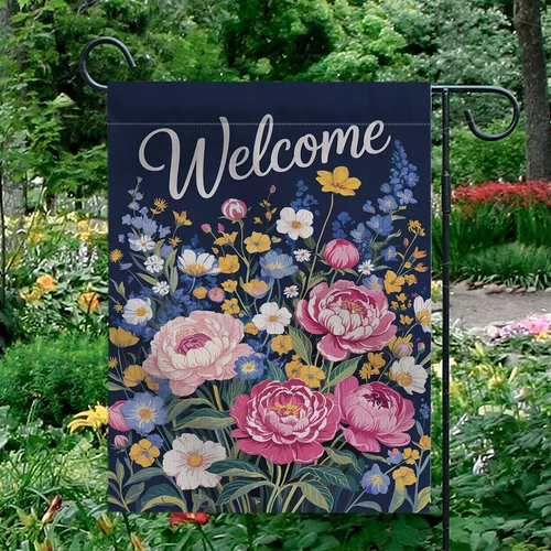 Welcome Garden Flag Navy Blue Pink Peony Floral Yard Decor Outdoor House Banner IIX yyi