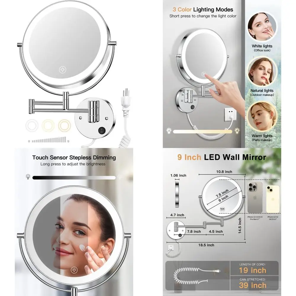 

Double-Sided LED Lighted Magnifying Mirror, 1X/10X Magnification, 3 Color Lights, Wall Mount Bathroom Vanity Mirror