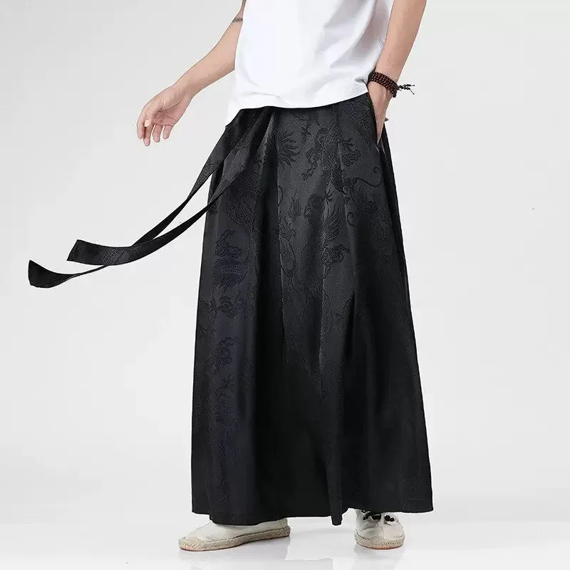 Men Summer Y2K Fashion Chinese Skirt Pants Male Dragon Print Vintage KPOP Style Senior Jacquard Trousers Wide Leg Loose Pantalon