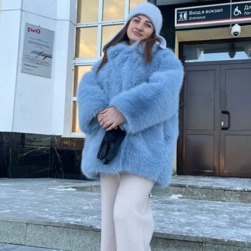2025 가을 겨울 따뜻한 모피 코트 여성용 슈트 칼라 긴 소매 인조 모피 코트 중간 길이 두꺼운 따뜻한 여우 모피 코트