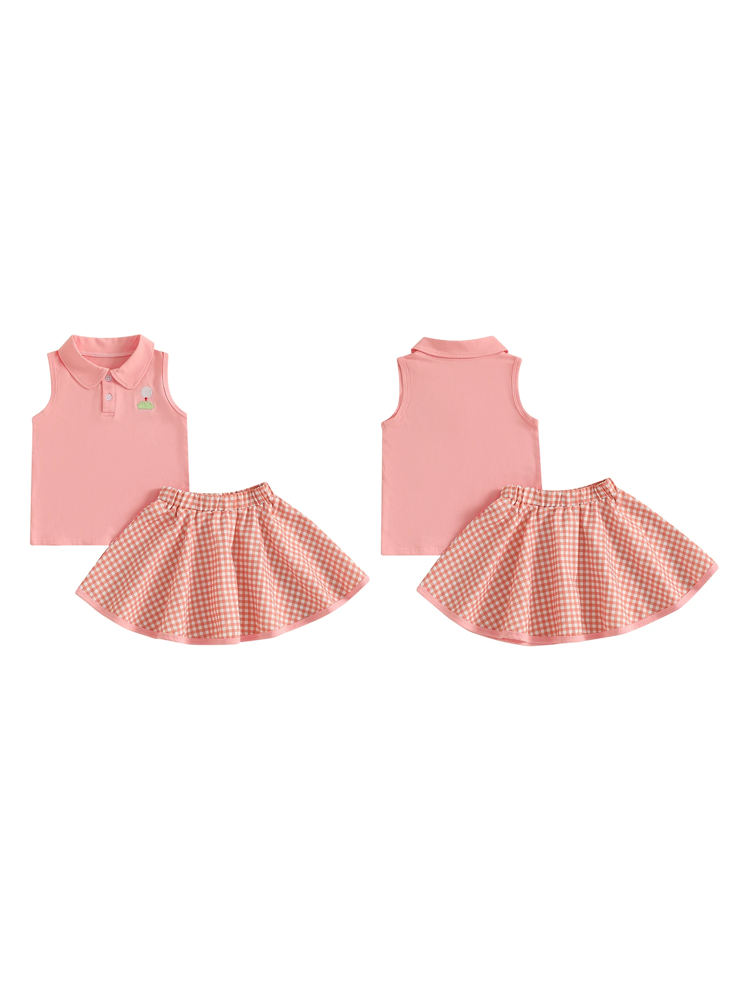 

Girls Summer Outfit Set with Tennis Racket Embroidery Sleeveless Lapel Button Top and Plaid Skirt - 2 Piece Cute Ensemble