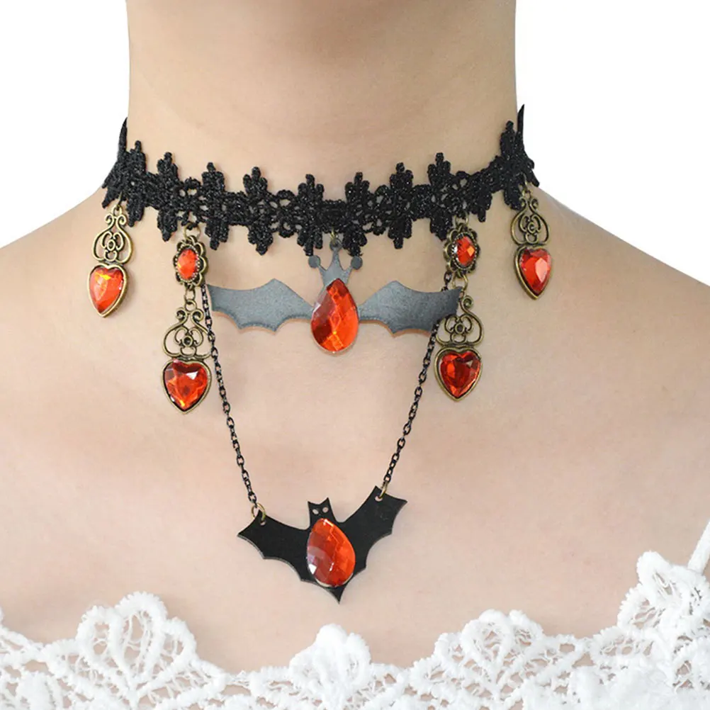 

2pcs Halloween Victorian Bat Choker Necklace Women Vampire Jewelry Costume Accessories Bat Wing Pendant Alloy Gothic Punk Tassel