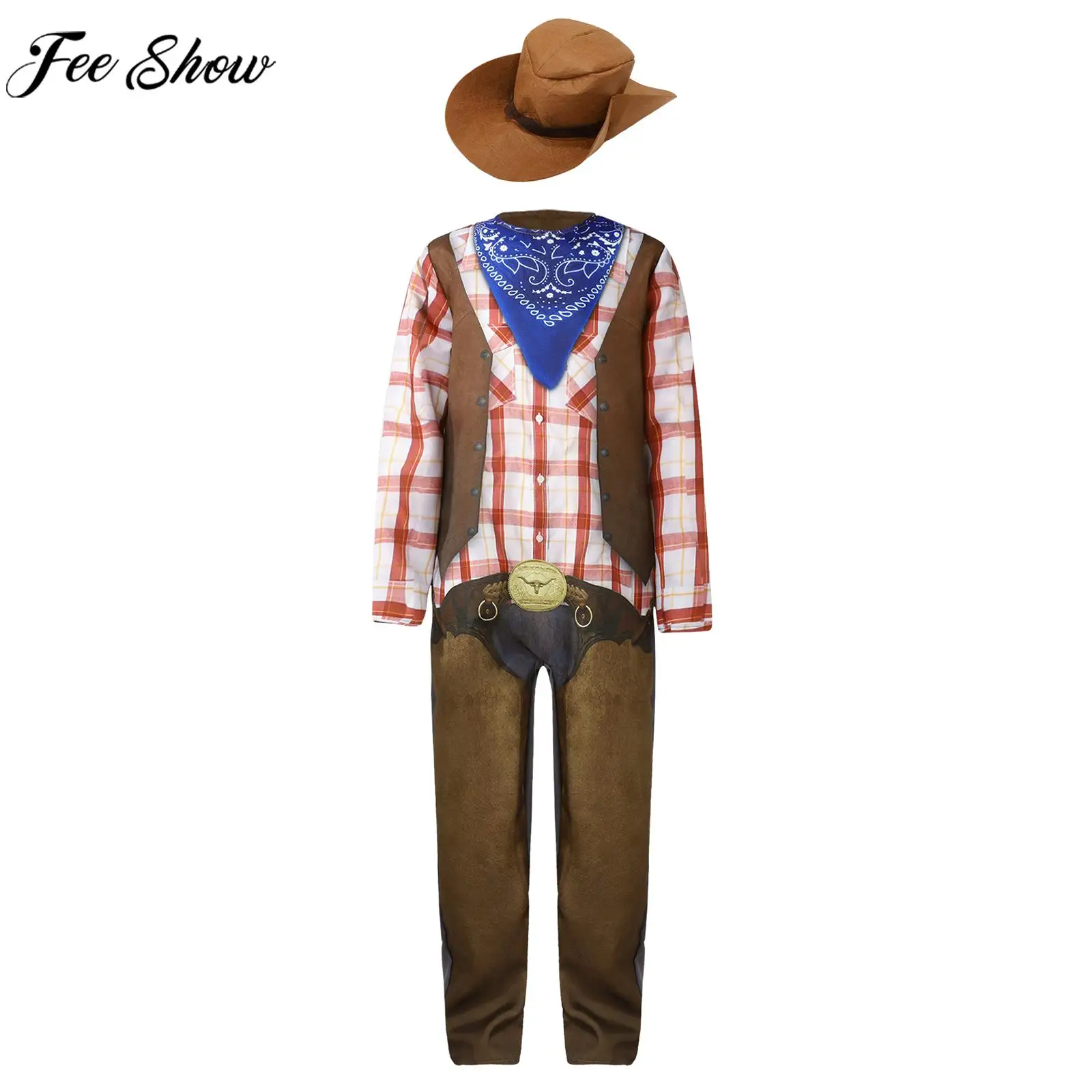 Tema Cowboy Cosplay Traje com chapéu de feltro para meninos, manga comprida, xadrez, bandana print, macacão cowboy, festa temática de Halloween, carnaval