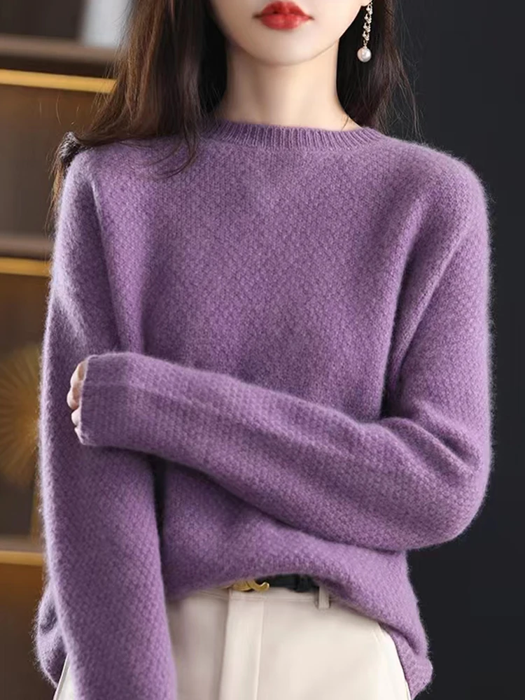 ADDONEE sweter kasmir wanita musim gugur musim dingin Pullover leher-o tebal pakaian gaya longgar kasual 100% rajutan wol Merino Korea