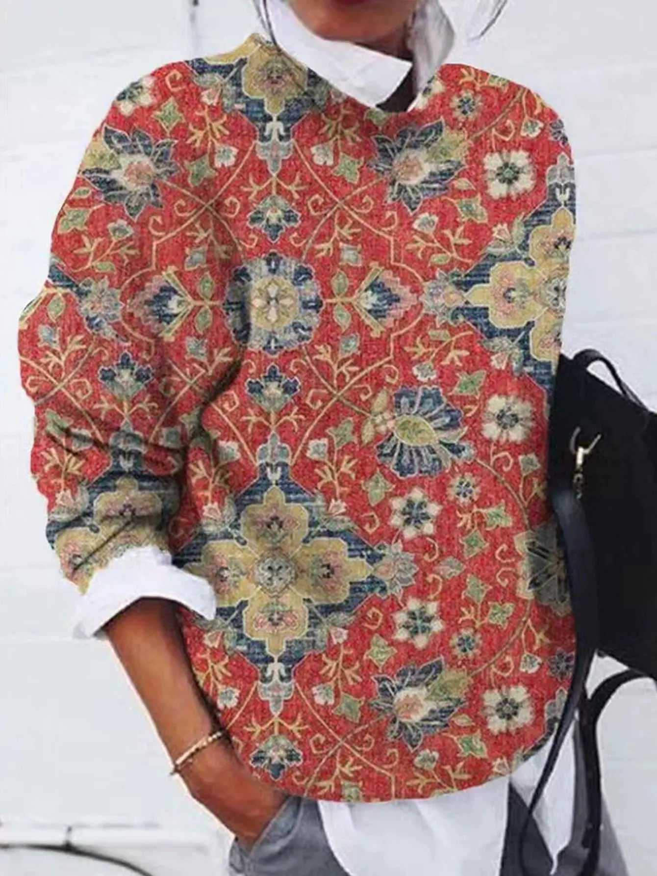 Dames trui met geometrische volledige print en lange mouwen revers herfst winter mode casual dagelijkse kleding top