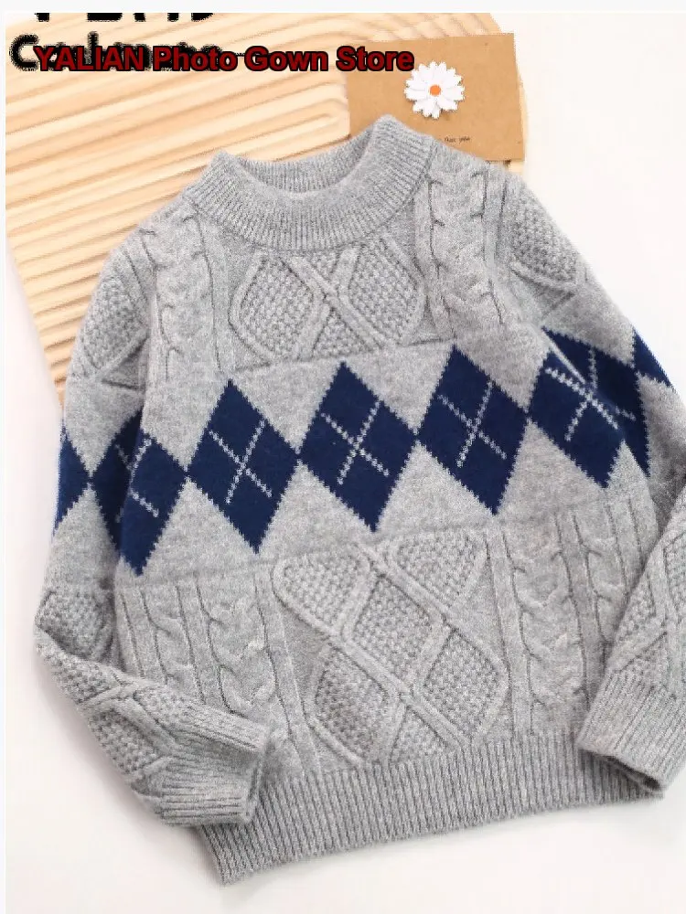 Boys Pullover Sweater Kids Double-Layer Thickened Cashmere Knit Top Gray Ribbed Pattern Older Kids