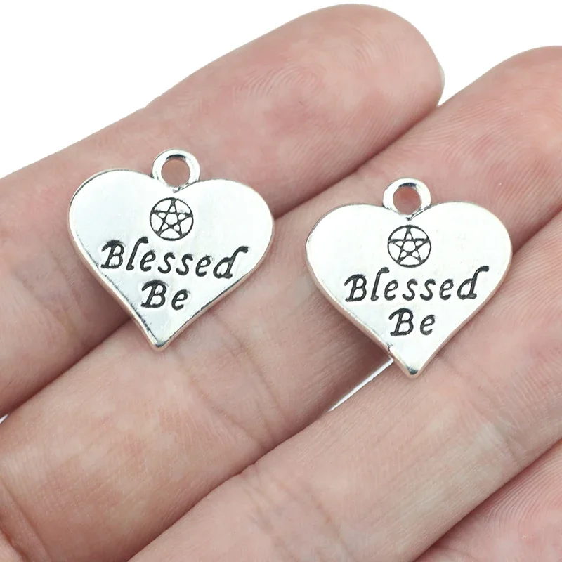 10 Piece 19*19mm Antique Silver Plated Letter Heart Charm Blessed Be Message Pendant For DIY Lucky Jewelry Making