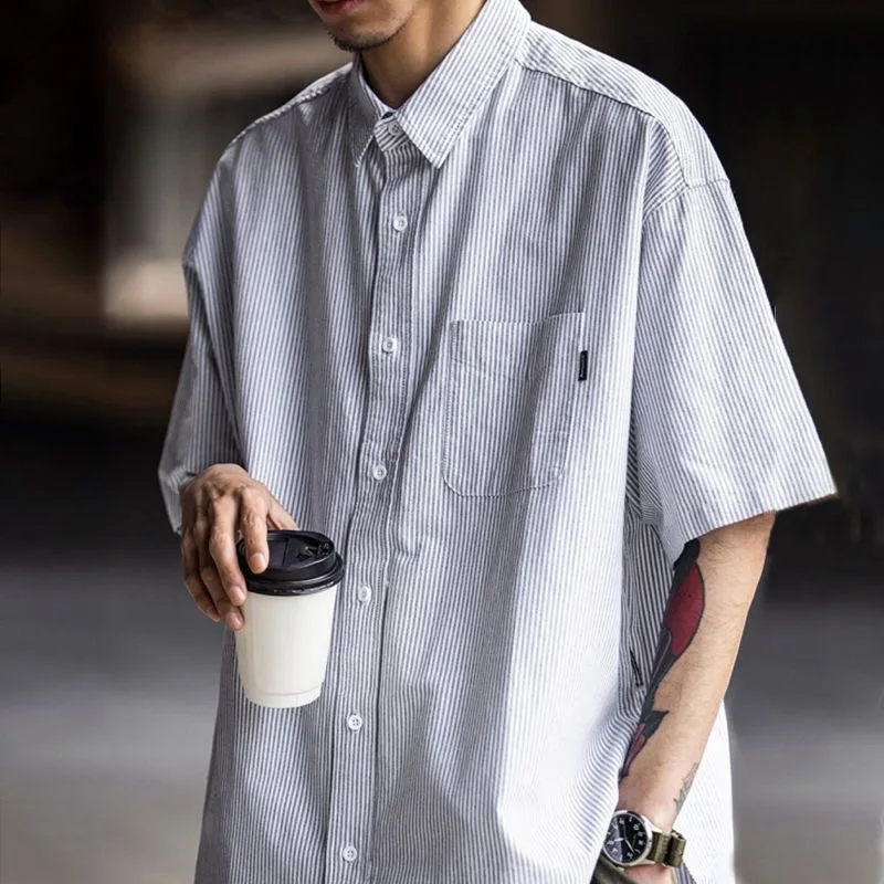 

2024 New Man‘s Summer Pocket 100%Cotton Stripe Short Sleeve Shirt Loose Fashion Leisure Time Couple Shirt