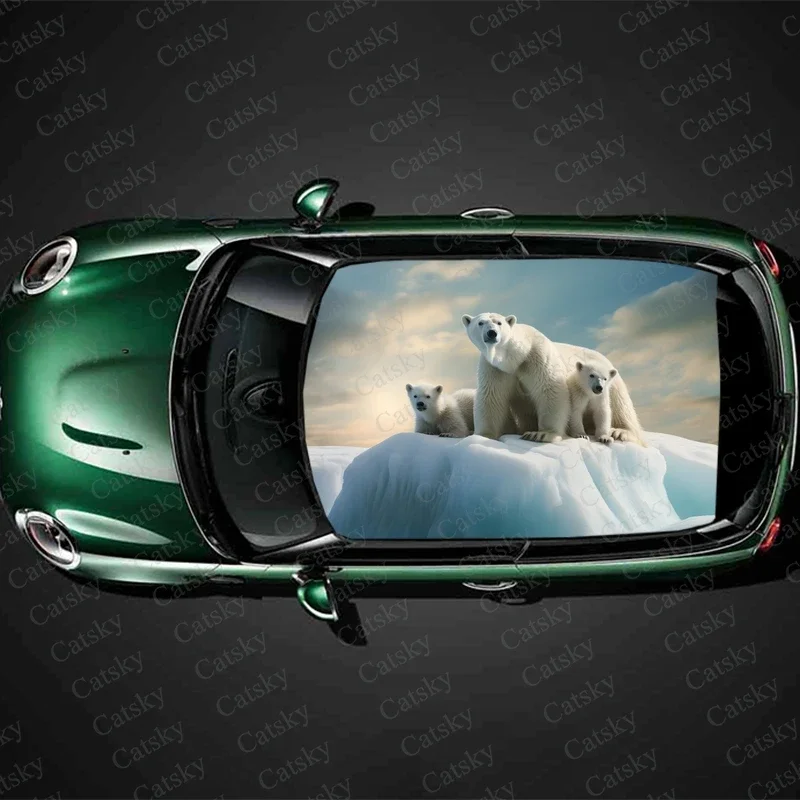 Polar Bears Family on Ice Car Roof Sticker Wrap Racing SUV Accessories Packaging Painted PVC Custom Car Graphic Decal