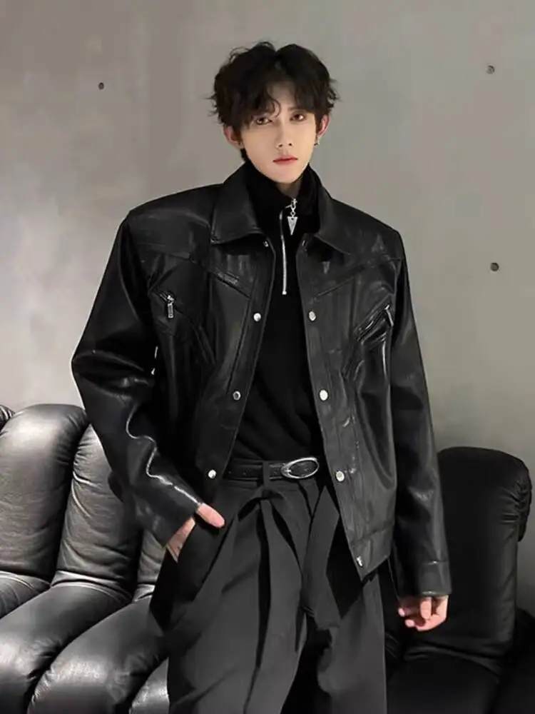 

Man Motorcycle Jacket Coat Retro Cleanfit Short Leather Jacket Unisex Trendy Cool Lapel Biker Style Outerwear
