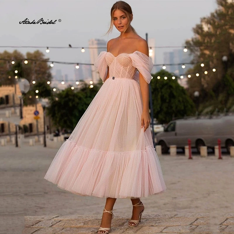 

Gorgeous Pink Sweetheart Off The Shoulder Dot Tulle Prom Dress New A-Line Tea Length Evening Dress Women's Formal Party Dress