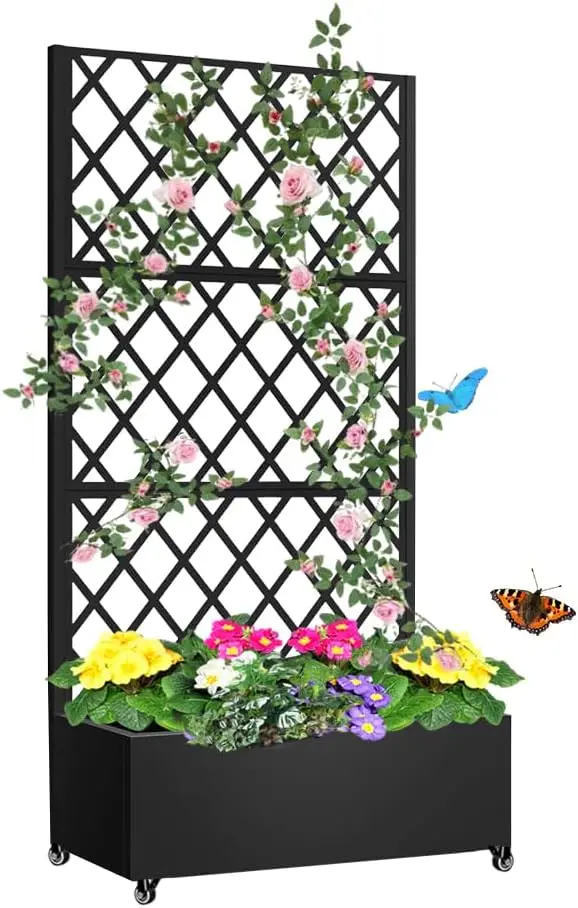 Metal Planter Box with Privacy Screen Trellis,Galvanized Raised Garden Bed On Wheels for Climbing Plants Vines, Standing Garden Flower Bed with Drainage Holes (Black, 35