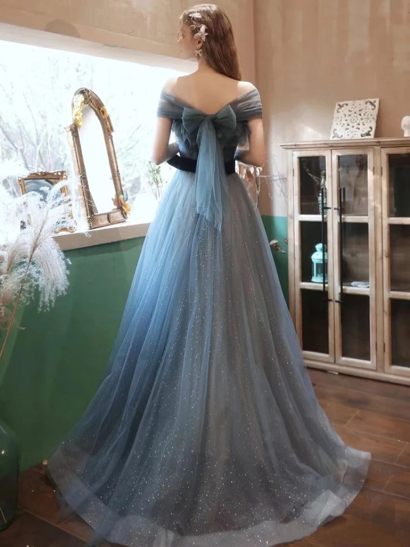 Gray Blue Long Prom Dress Lady Girl Women Vestido Princess Bridesmaid Banquet Party Dress Tulle Mesh Formal Gown Lace Up Back