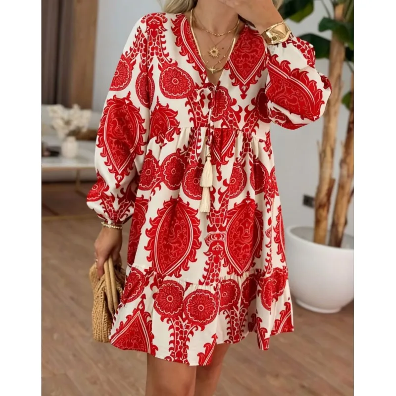 Elegante abito Boho a trapezio stampato retrò Donna Autunno scollo a V Tie-up Nappa Abiti da festa Autunno Elegante mini abito a maniche lunghe