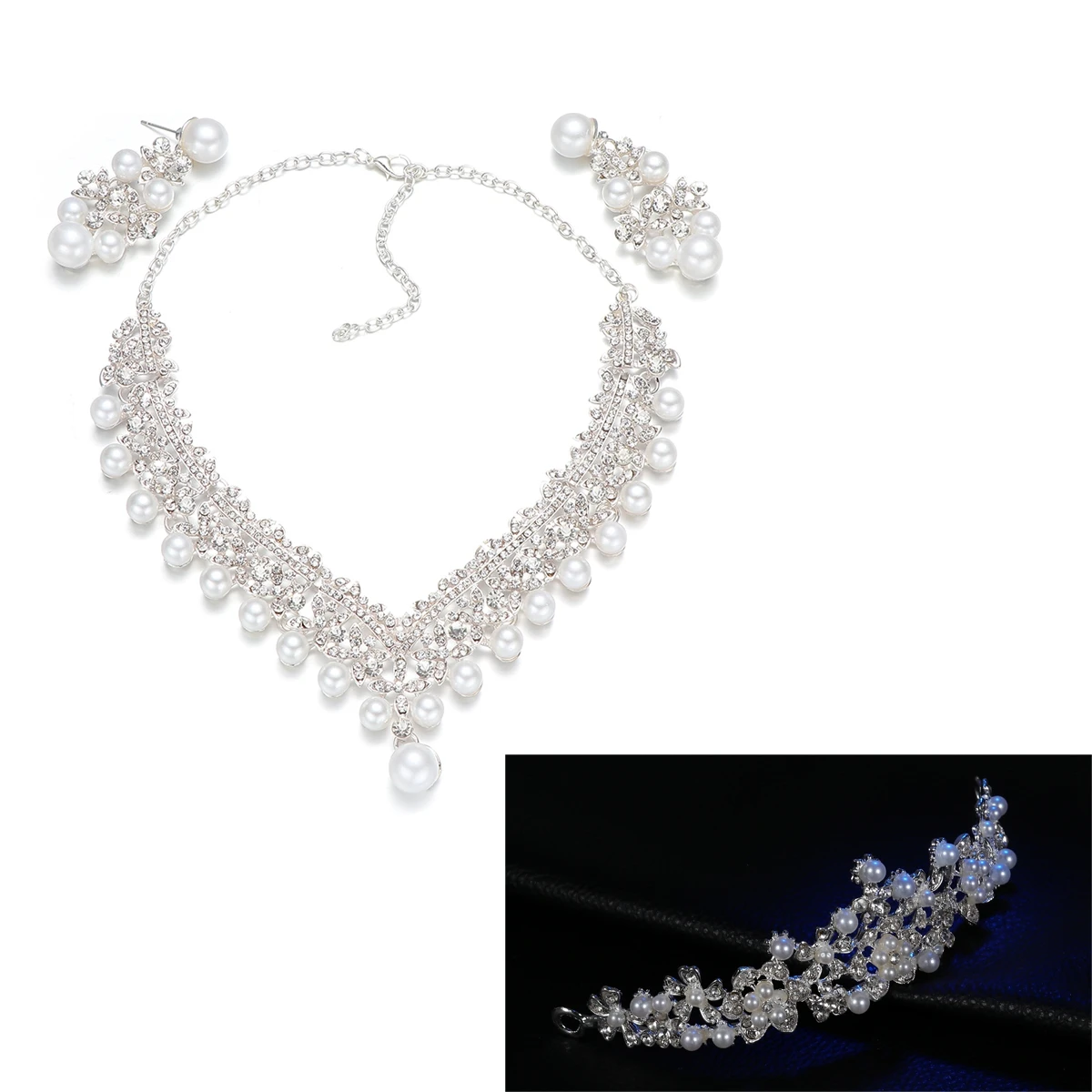 

Bridal Tiara Necklace Earrings Set Elegant Pearl Crown Jewelry for Wedding Party Engagement Photoshoot Accessories