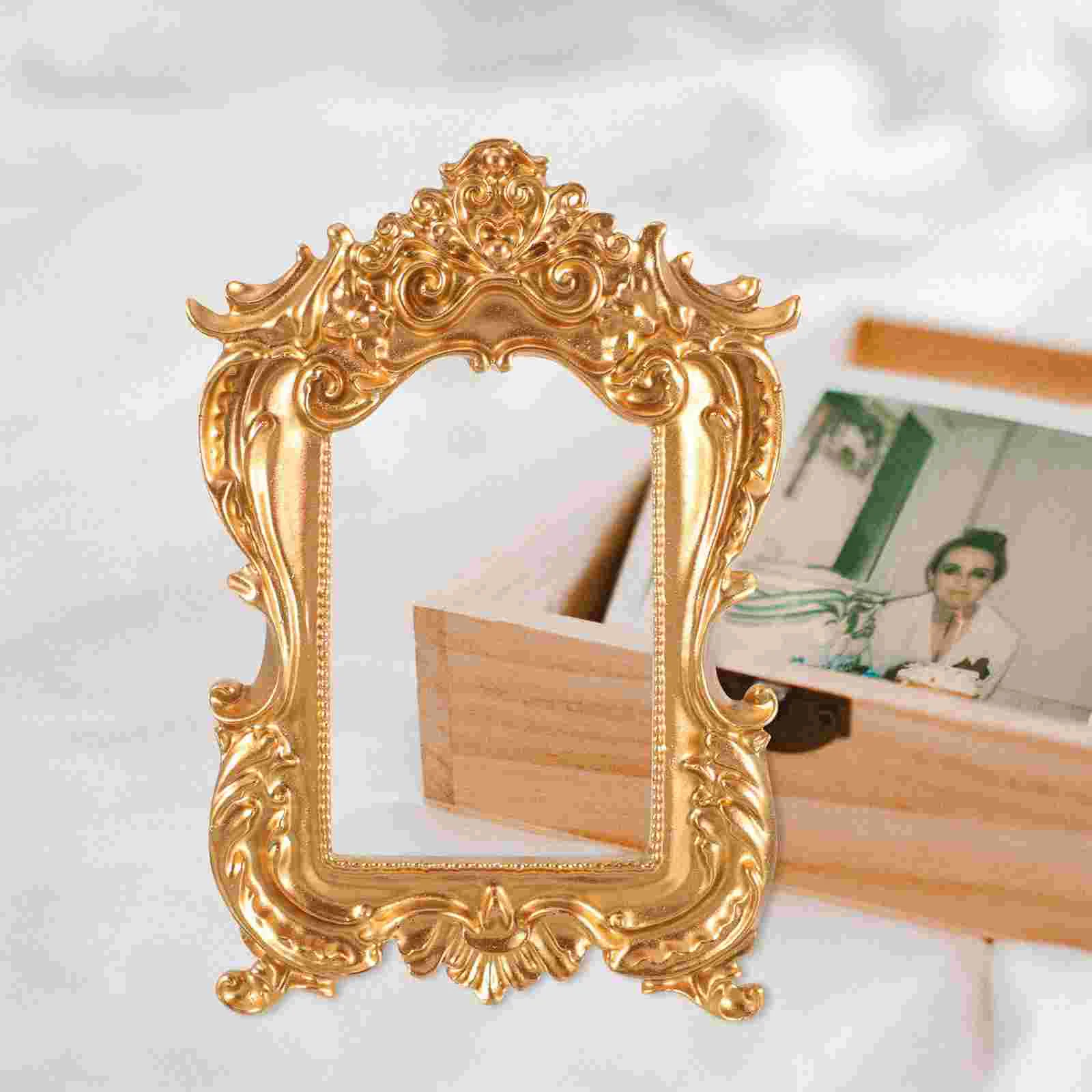 2Pcs Mini Resin Photo Frame Vintage Picture Display Shelf Retro Home Decor Small Golden Frame With Bright Color Long