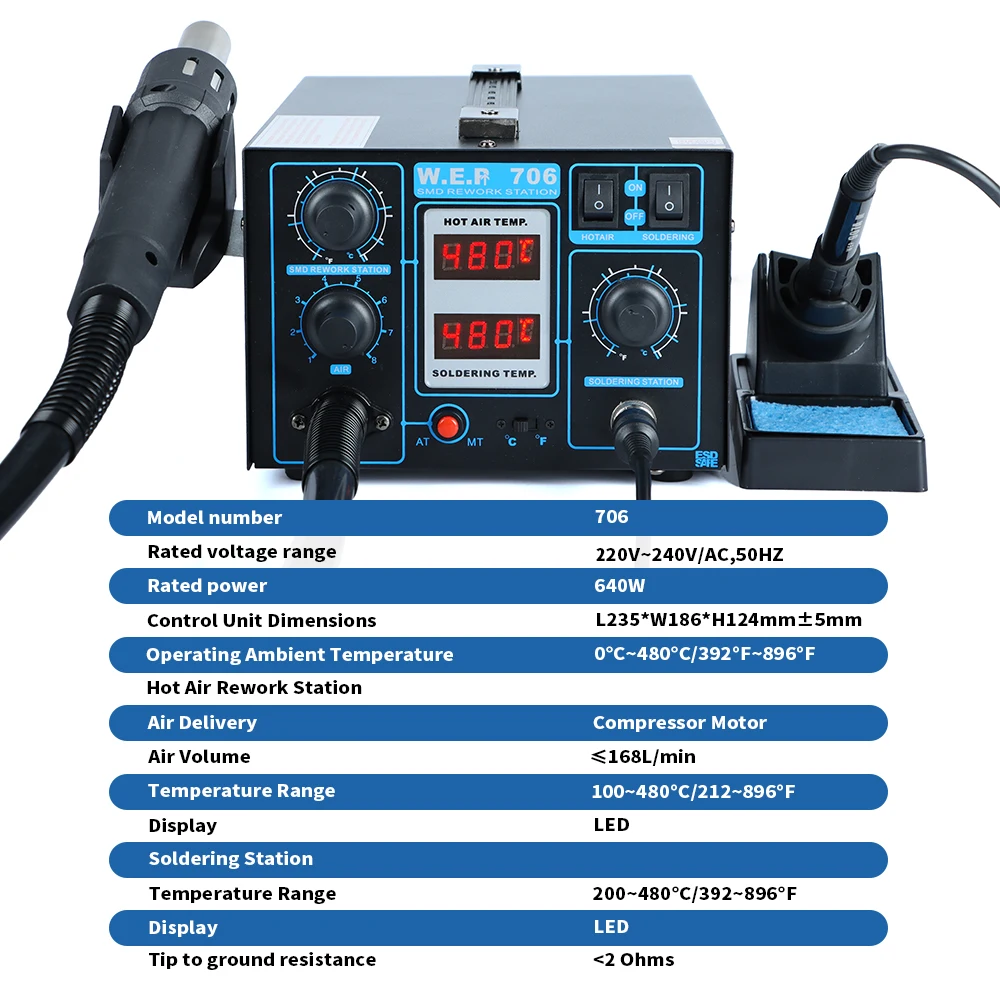 WEP 2-IN-1 Soldering Station Digital Solder Iron Kit Hor Air Rework Station Desoldering Gun Wire Clamp Bracket For SMD PCB Tool