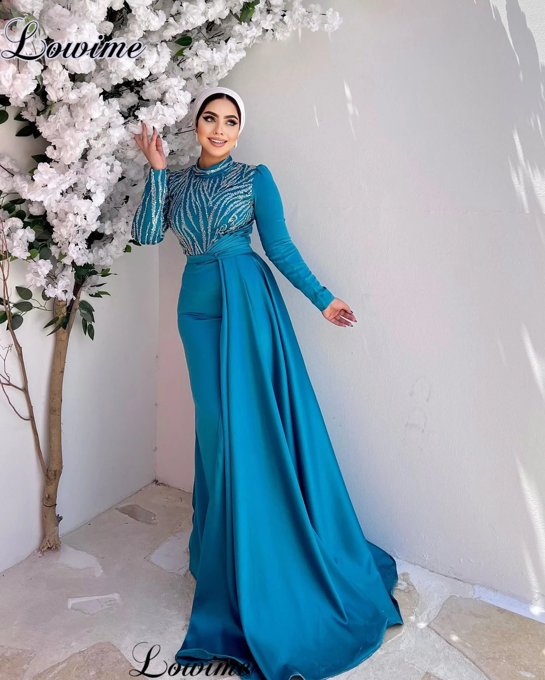 Elegant Blue Muslim Evening Dresses With Removable Train Long Sleeves Formal Occasion Dresses Robes De Soirée Simple Prom Dress