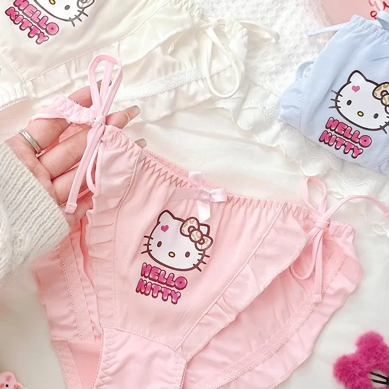 Hello Kitty Sweet Girl Underwear Briefs for Women Kawaii Flounce Side Bow Adjustable Strap Cute Cartoon Anime Pink Blue Panties