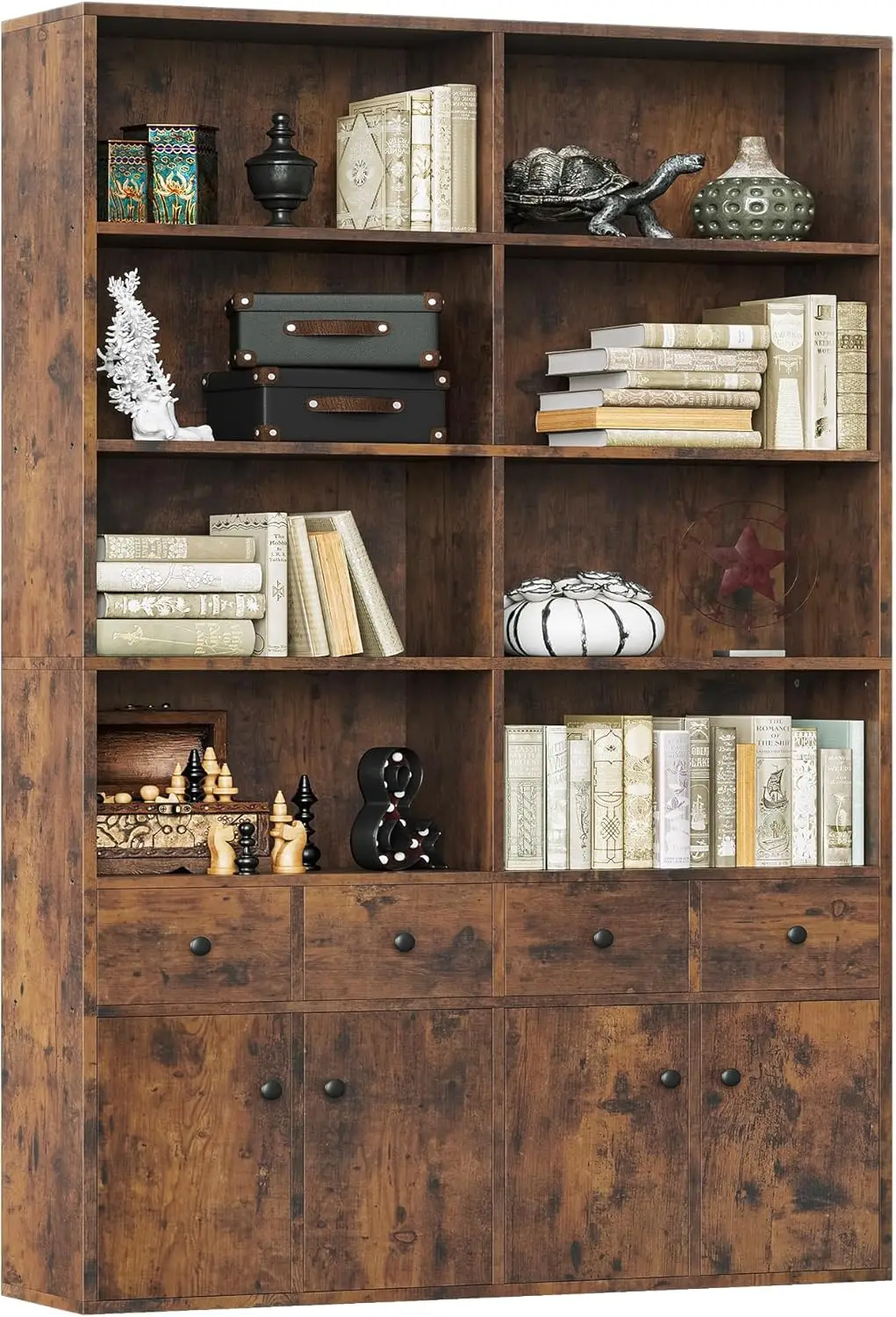 

78.7" Tall Bookcase with 4 Drawers and Doors, 6-Tier Storage Shelf for Living Room in Rustic Brown