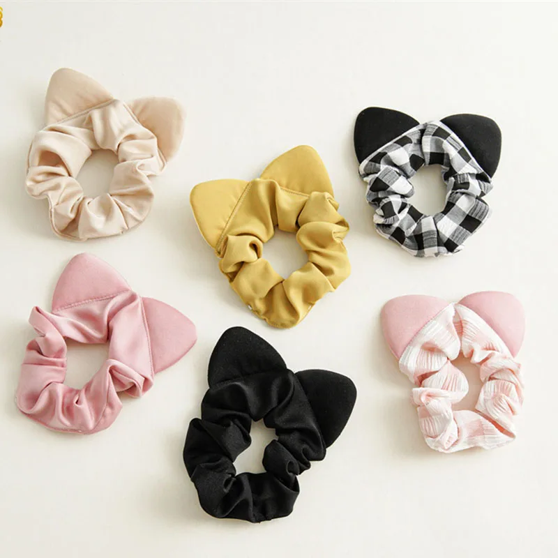 

Summer New Style Cute Simple Cat Ear Elastic Hair Scrunchies For Sweet Girls Grid large Intestine Scrunchie Hair Accessories