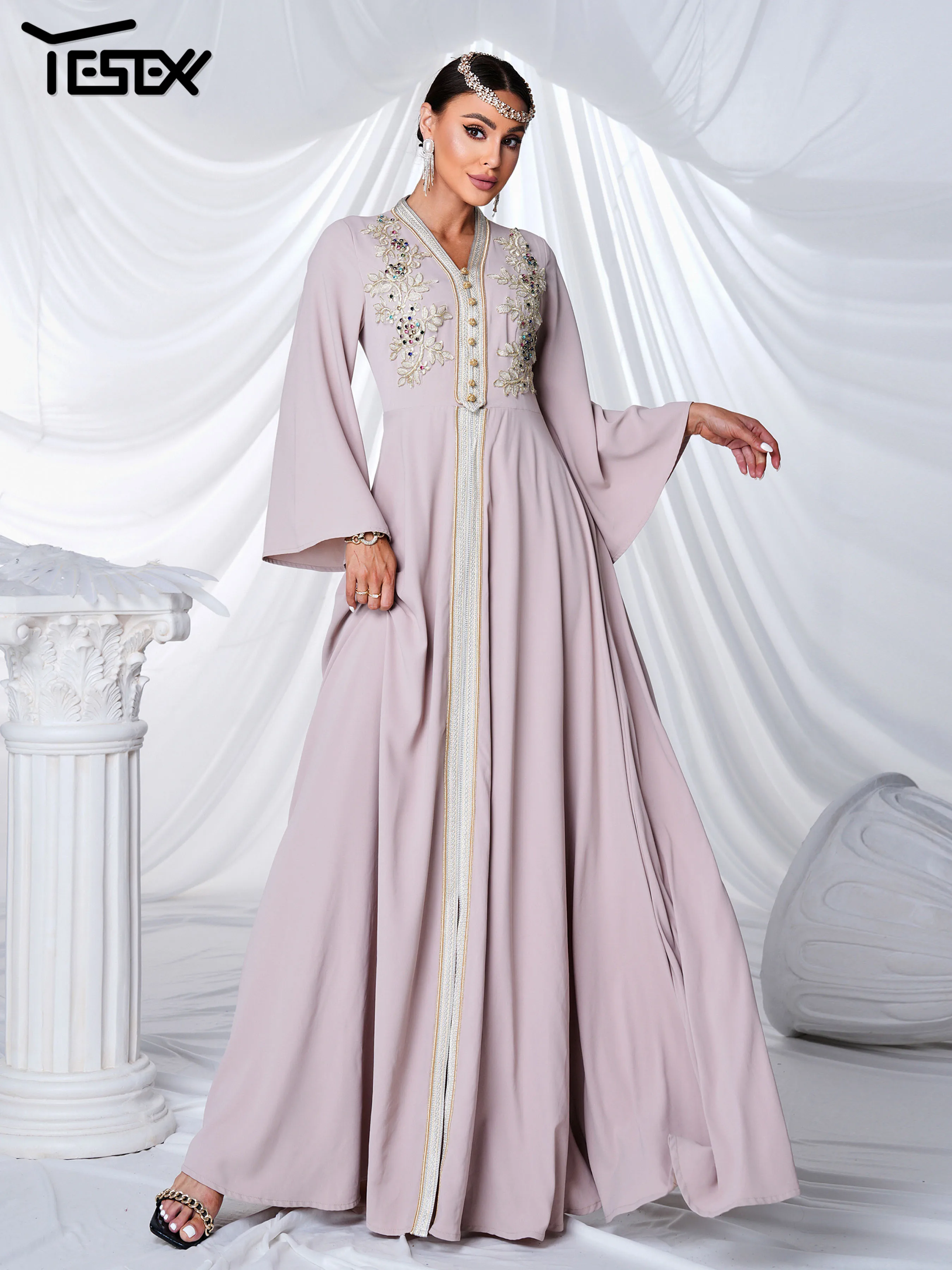 Yesexy Church Dress V Neck Flare Sleeve A Line Luźna muzułmańska sukienka w stylu Bliskiego Wschodu Wesele Urodziny Party