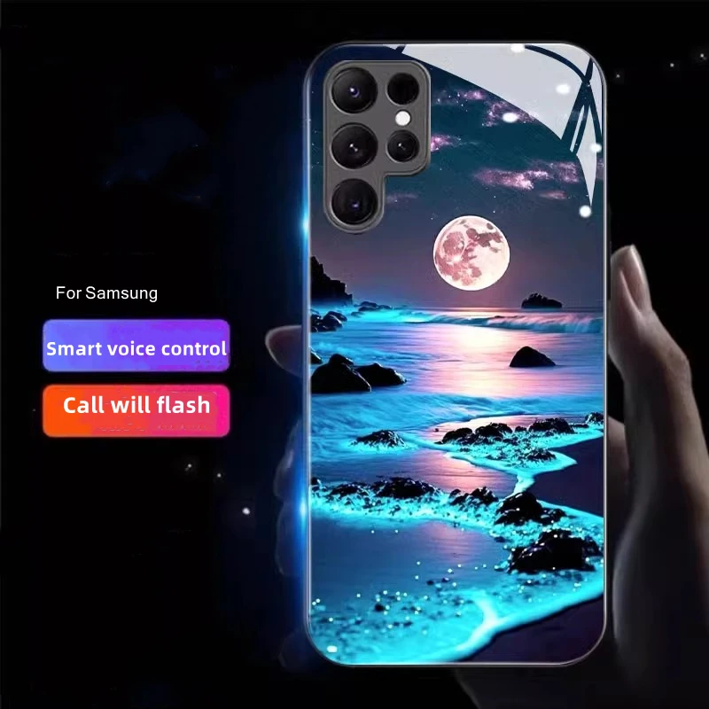 

Pretty Beach Sunset Smart LED Light Glow Glass Phone Case For Samsung S25 S24 S23 Ultra S22 Plus S21 S20 FE Note 20 A34 A53