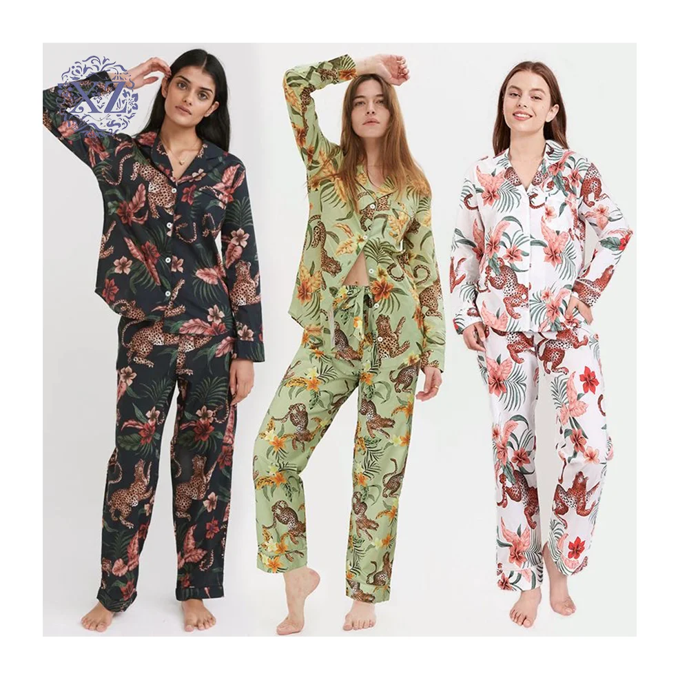 

Breathable Skin-Friendly V-Neck Ankle-Length Pants Long-Sleeved Pajamas Women Floral Printed Pajama Set