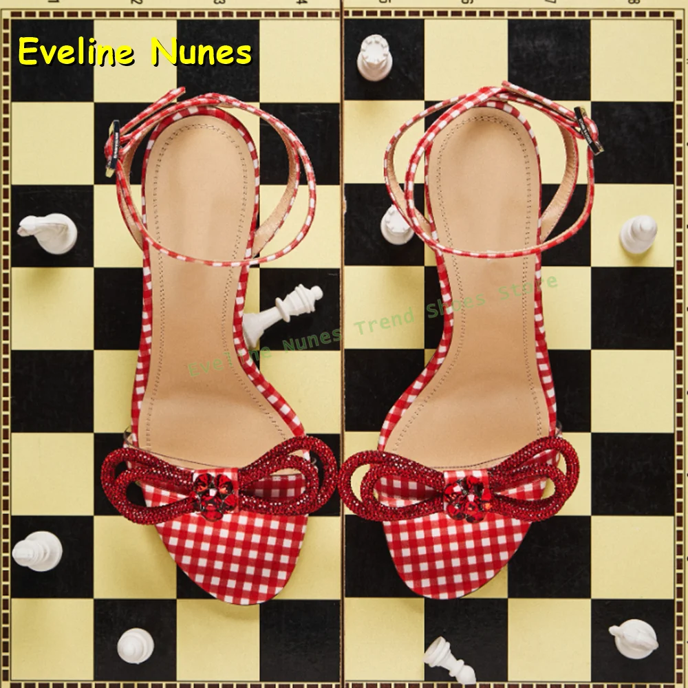 

Bowknot Rhinestone Plaid Fashion Slippers 2026 Summer Sweet Dress Shoes Round Toe Stiletto Shallow Slip On Women Casual Sandals