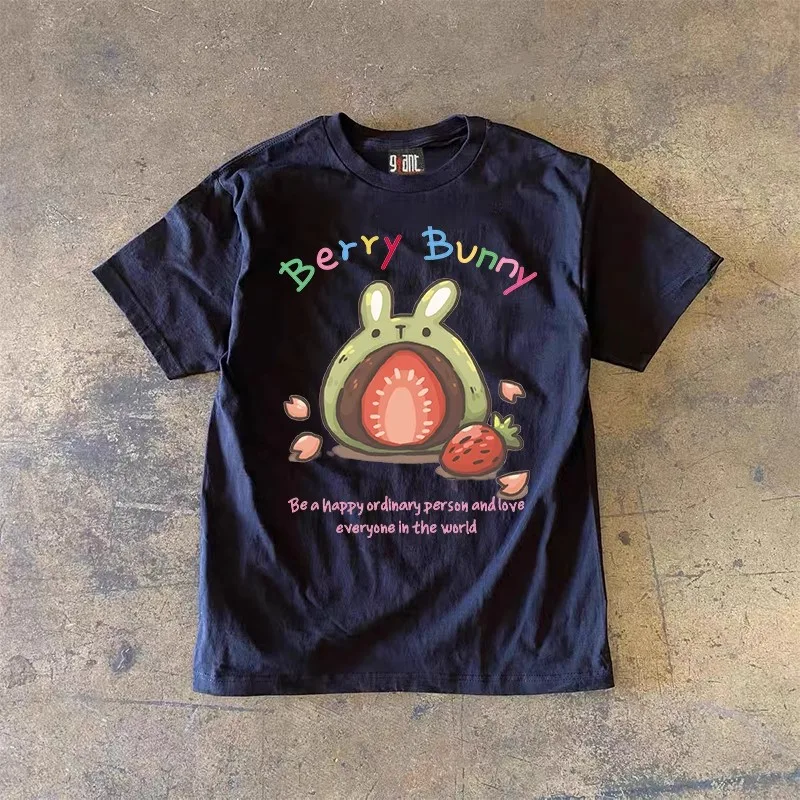 

Pure Cotton 260g Strawberry Short Sleeve T-Shirt for Men And Women Couple's Big Mouth Eating Strawberries Hong Kong Style