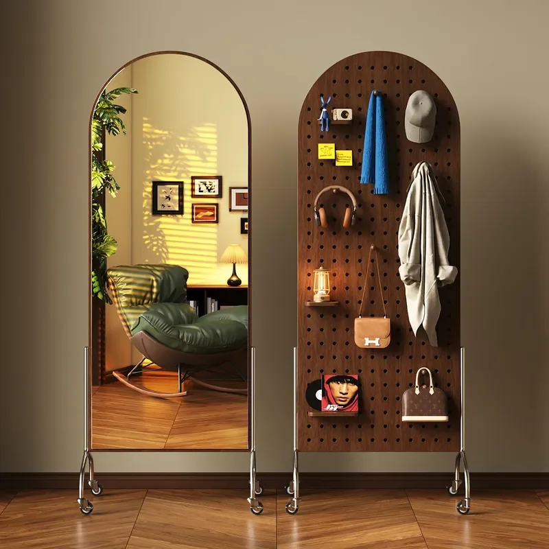 Movable Full Body Floor Mirror with Coat Rack Integrated Fitting Mirror for Girls Bedroom Household Hole Board Design