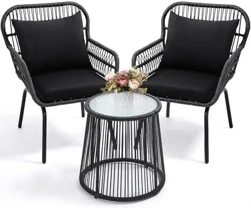 3-Piece Rattan Wicker Bistro Set, Outdoor Conversation Set with Glass Top Table, Black