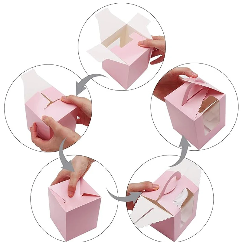 10個のシングルホワイトカップケーキコンテナギフトボックス、ウィンドウインサートハンドル付き、ウェディングキャンディボックス用