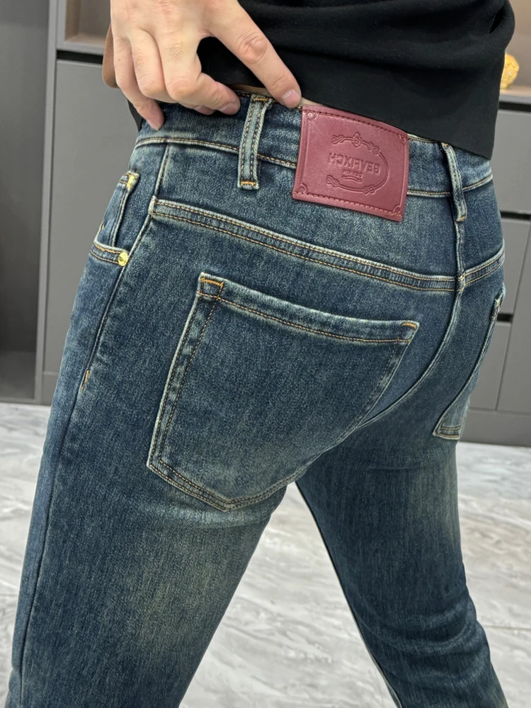 

Мужские зимние джинсы на флисовой подкладке, повседневные, зауженные, удобные, со средней высотой талии, длинные брюки, молодежные, модные, износостойкие, утепленные