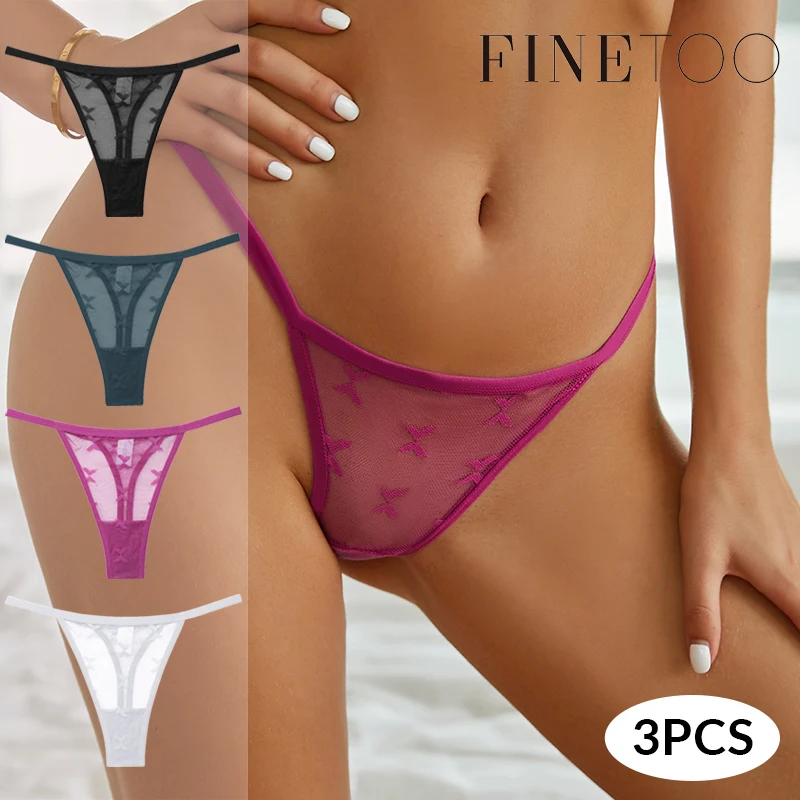 FINETOO 3Pcs Lace Thongs Women Low Waist Panties Sexy Perspective Bikini G-String Underwear Female Lingerie