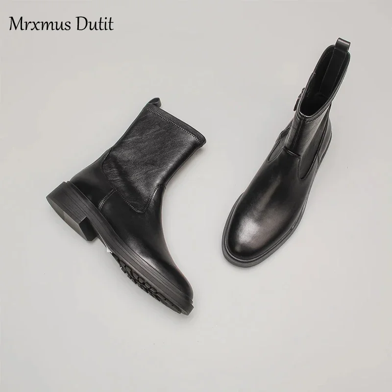 Mrxmus 2023 Autumn Winter New Genuine Leather Fashion Round Head Elasticity Ankle Boots Women Solid Simple Casual Shoe Female