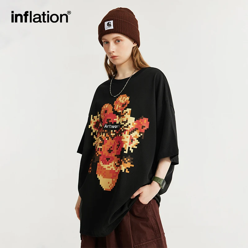 

INFLATION Metallic Sunflower Printed Tshirt Men Streetwear Hip Hop Tees